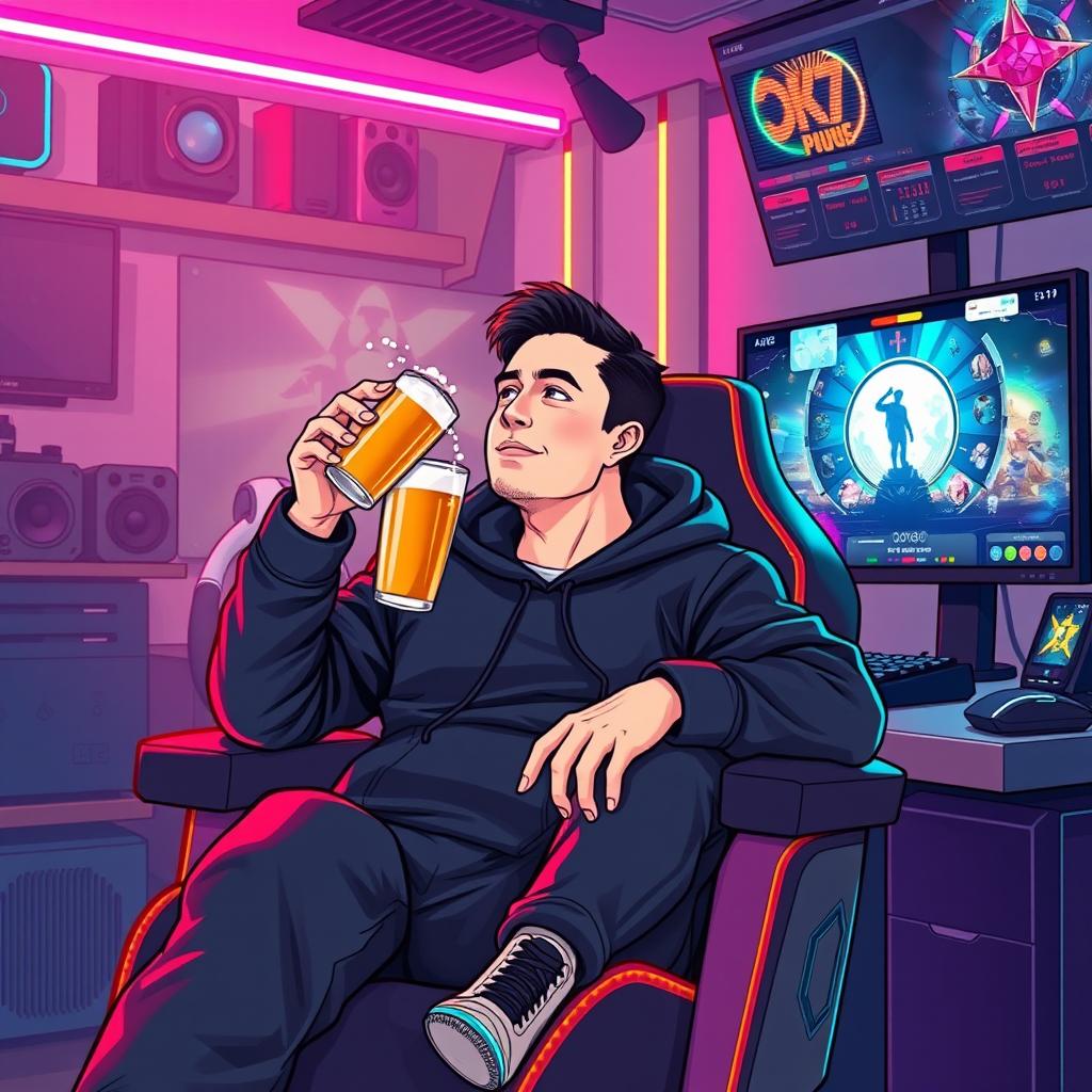 A vivid vector illustration of a male character inspired by Elon Musk, wearing a black hoodie, seated comfortably in a high-tech gamer chair