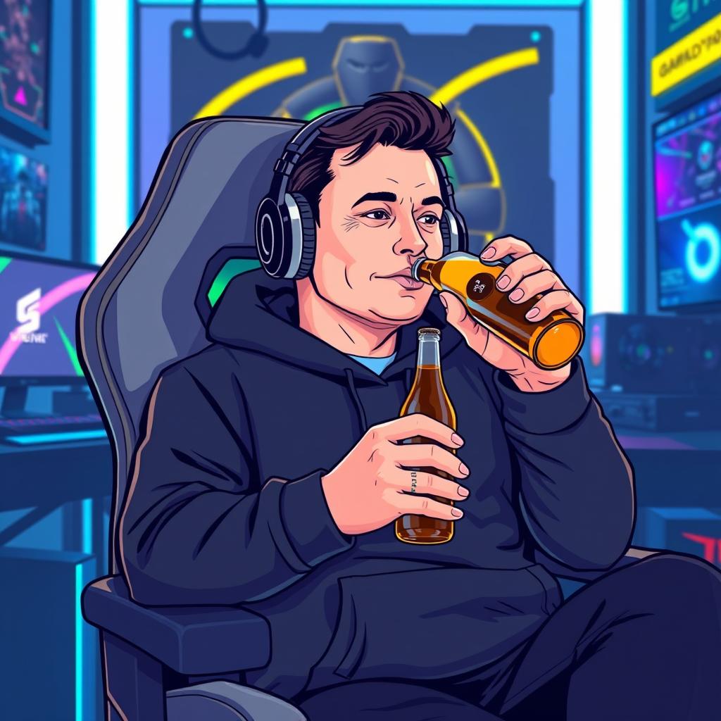 A stylized vector illustration of Elon Musk dressed in a black hoodie and wearing headphones, seated in a modern gaming chair