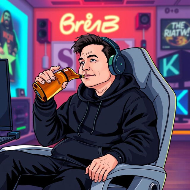 A stylized vector illustration of Elon Musk dressed in a black hoodie and wearing headphones, seated in a modern gaming chair