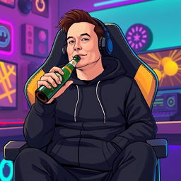 A stylized vector illustration of Elon Musk dressed in a black hoodie and wearing headphones, seated in a modern gaming chair
