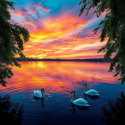 A vibrant and mesmerizing sunset sky filled with a spectrum of colors including deep oranges, soft pinks, and calming purples, reflecting upon a serene lake