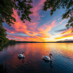 A vibrant and mesmerizing sunset sky filled with a spectrum of colors including deep oranges, soft pinks, and calming purples, reflecting upon a serene lake
