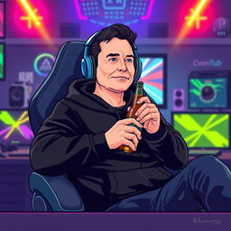 A stylized vector illustration of Elon Musk dressed in a black hoodie and wearing headphones, seated in a modern gaming chair
