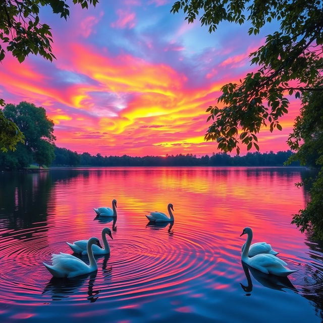 A vibrant and mesmerizing sunset sky filled with a spectrum of colors including deep oranges, soft pinks, and calming purples, reflecting upon a serene lake