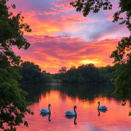 A vibrant and mesmerizing sunset sky filled with a spectrum of colors including deep oranges, soft pinks, and calming purples, reflecting upon a serene lake