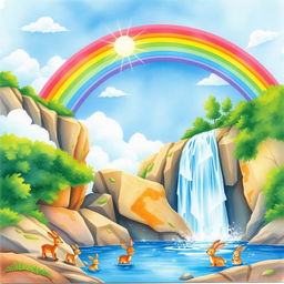 A vibrant watercolor painting depicting a picturesque scene of a waterfall cascading down a rocky cliff surrounded by lush greenery