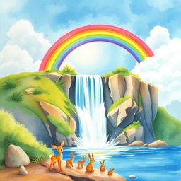 A vibrant watercolor painting depicting a picturesque scene of a waterfall cascading down a rocky cliff surrounded by lush greenery