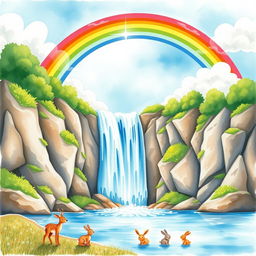 A vibrant watercolor painting depicting a picturesque scene of a waterfall cascading down a rocky cliff surrounded by lush greenery