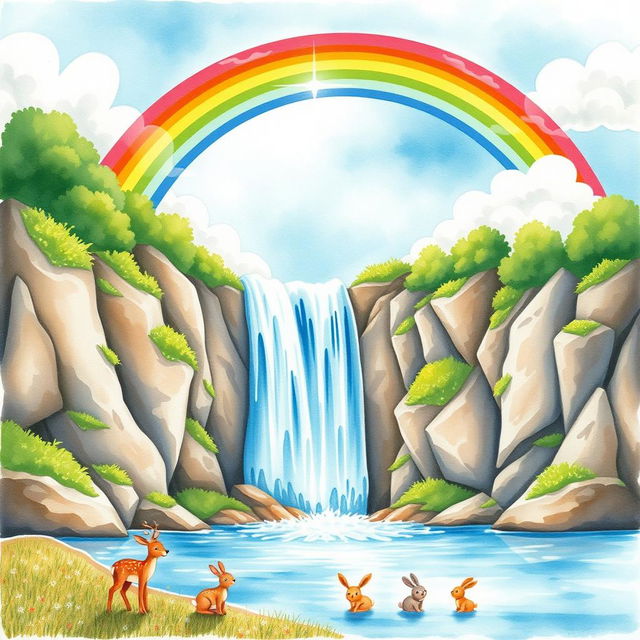 A vibrant watercolor painting depicting a picturesque scene of a waterfall cascading down a rocky cliff surrounded by lush greenery