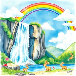 A vibrant watercolor painting depicting a picturesque scene of a waterfall cascading down a rocky cliff surrounded by lush greenery
