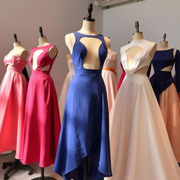 A fashionable collection of dresses displayed in a creative exhibition, featuring unique designs with open elements, such as strategically placed cutouts and flowing skirts