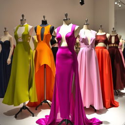 A fashionable collection of dresses displayed in a creative exhibition, featuring unique designs with open elements, such as strategically placed cutouts and flowing skirts