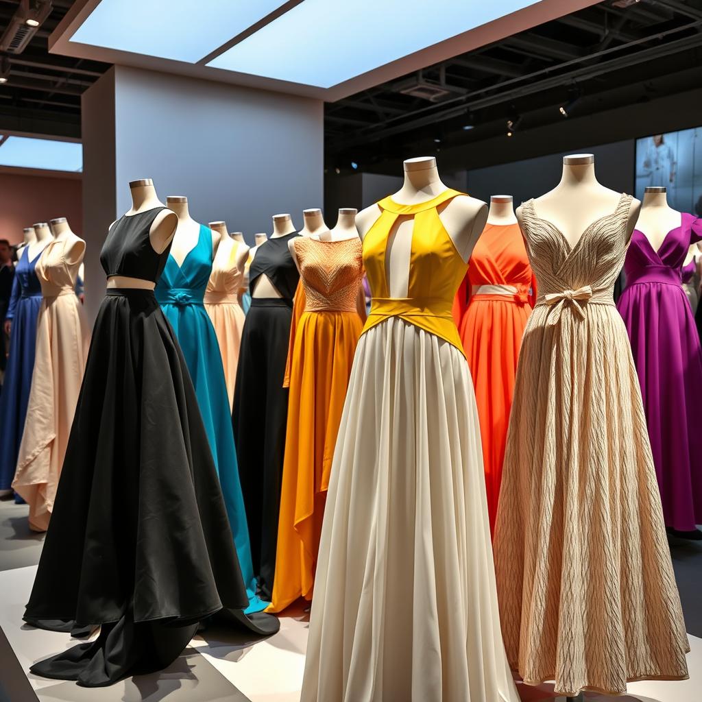 A fashionable collection of dresses displayed in a creative exhibition, featuring unique designs with open elements, such as strategically placed cutouts and flowing skirts