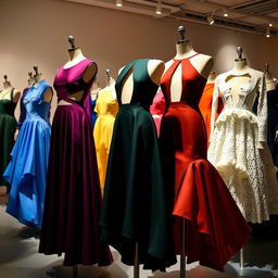 A fashionable collection of dresses displayed in a creative exhibition, featuring unique designs with open elements, such as strategically placed cutouts and flowing skirts