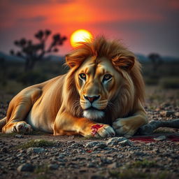 A majestic lion in a dramatic setting, showcasing its fierce yet wounded expression
