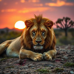 A majestic lion in a dramatic setting, showcasing its fierce yet wounded expression