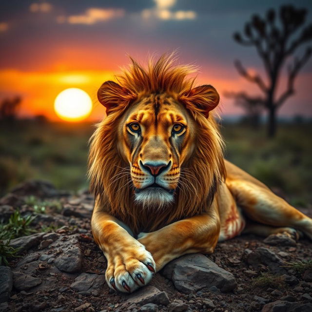 A majestic lion in a dramatic setting, showcasing its fierce yet wounded expression