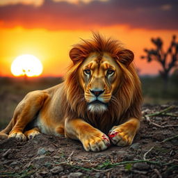 A majestic lion in a dramatic setting, showcasing its fierce yet wounded expression