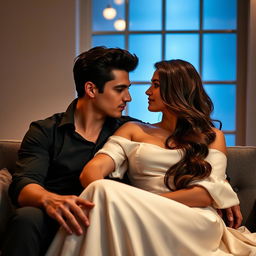 A romantic scene featuring a couple sitting closely in an elegant, modern setting
