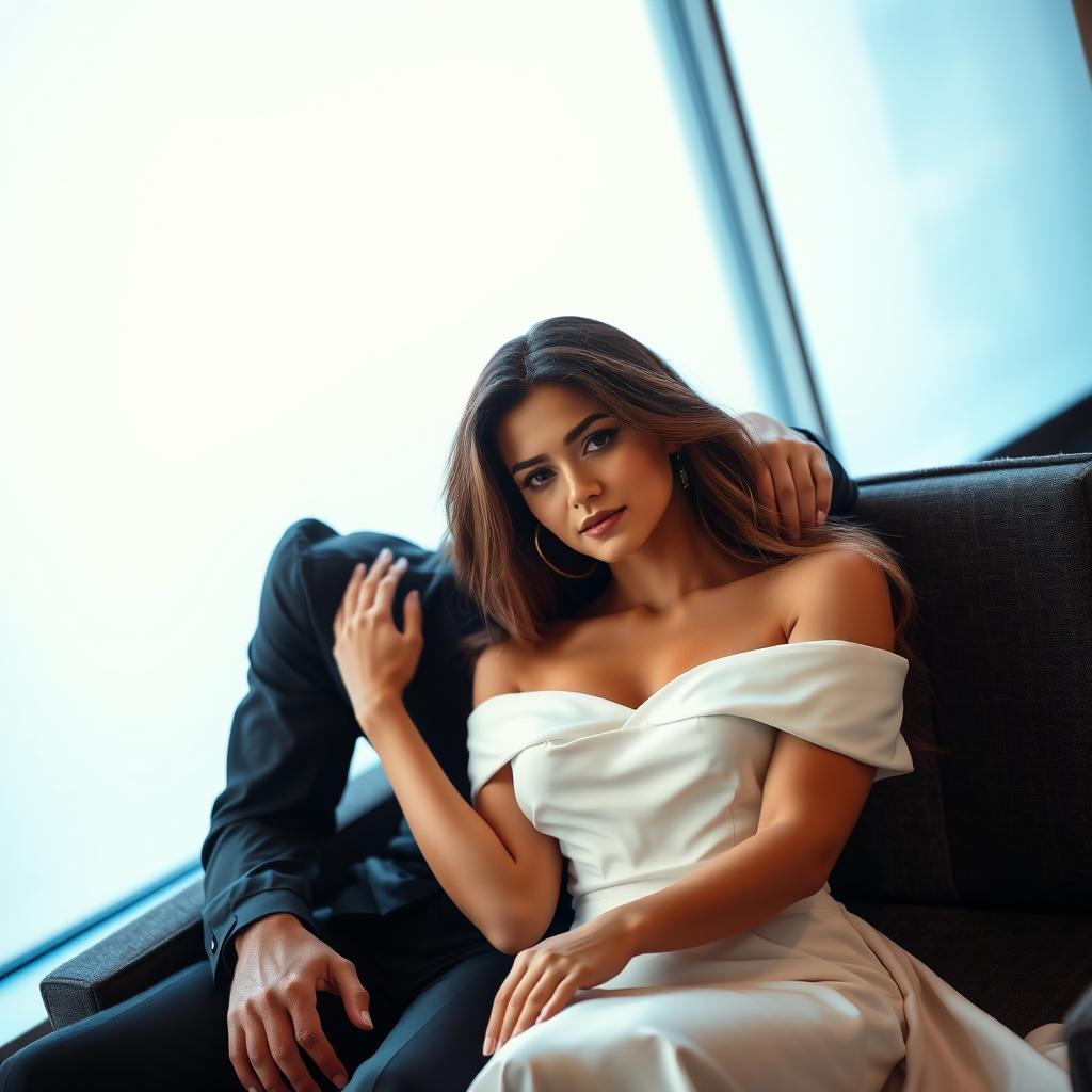 A romantic scene featuring a couple sitting closely in an elegant, modern setting