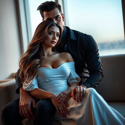 A romantic scene featuring a couple sitting closely in an elegant, modern setting