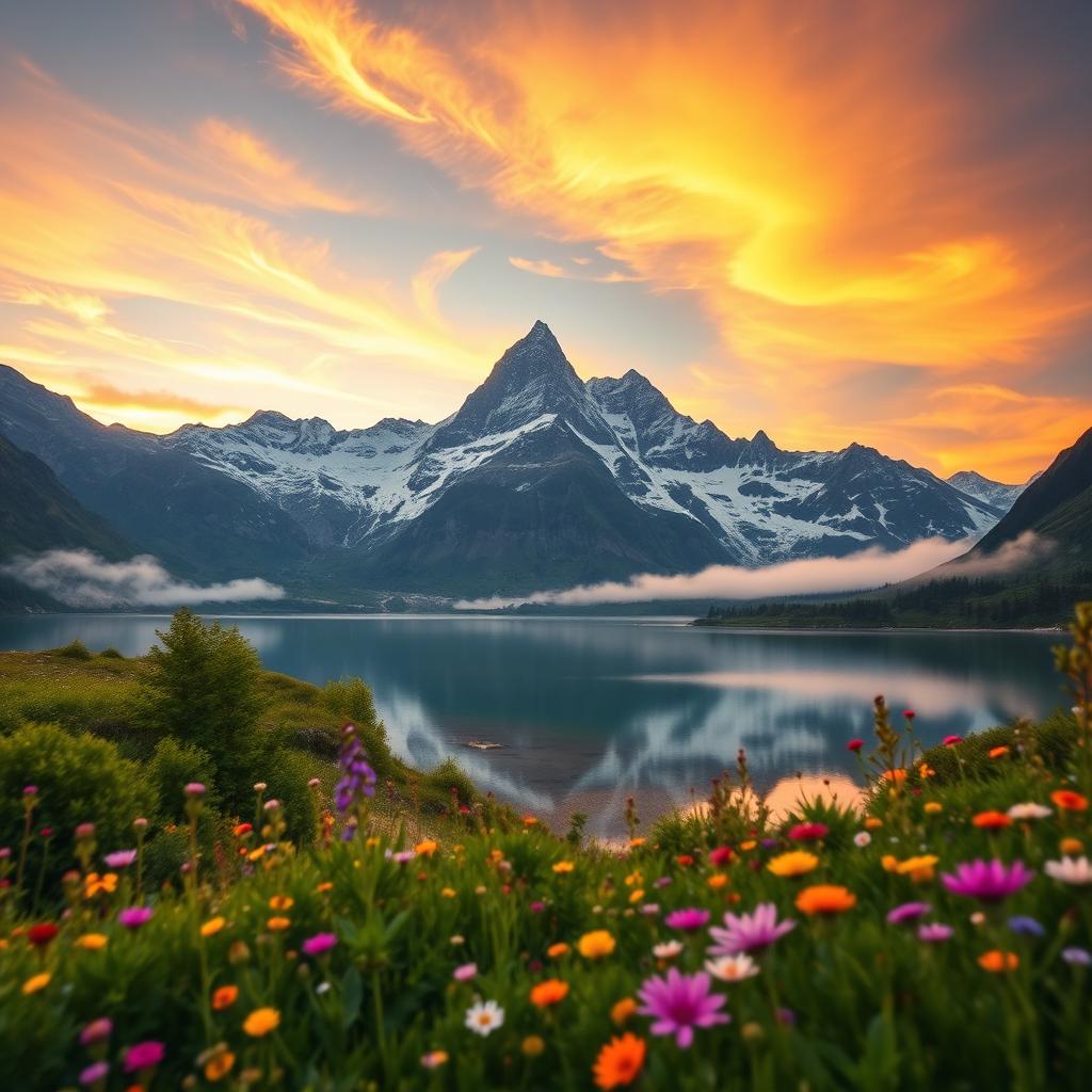 A stunning, high-resolution image of a tranquil mountain landscape at sunrise
