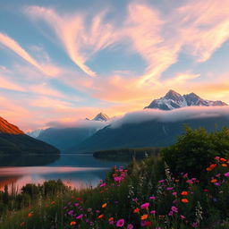 A stunning, high-resolution image of a tranquil mountain landscape at sunrise