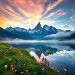 A stunning, high-resolution image of a tranquil mountain landscape at sunrise