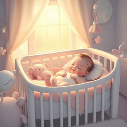 A serene and peaceful scene depicting a beautiful sleeping baby nestled comfortably in a cozy crib, surrounded by soft pastel colors