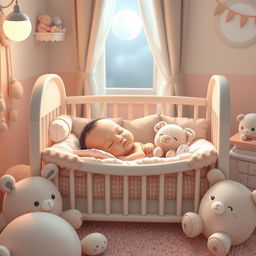 A serene and peaceful scene depicting a beautiful sleeping baby nestled comfortably in a cozy crib, surrounded by soft pastel colors
