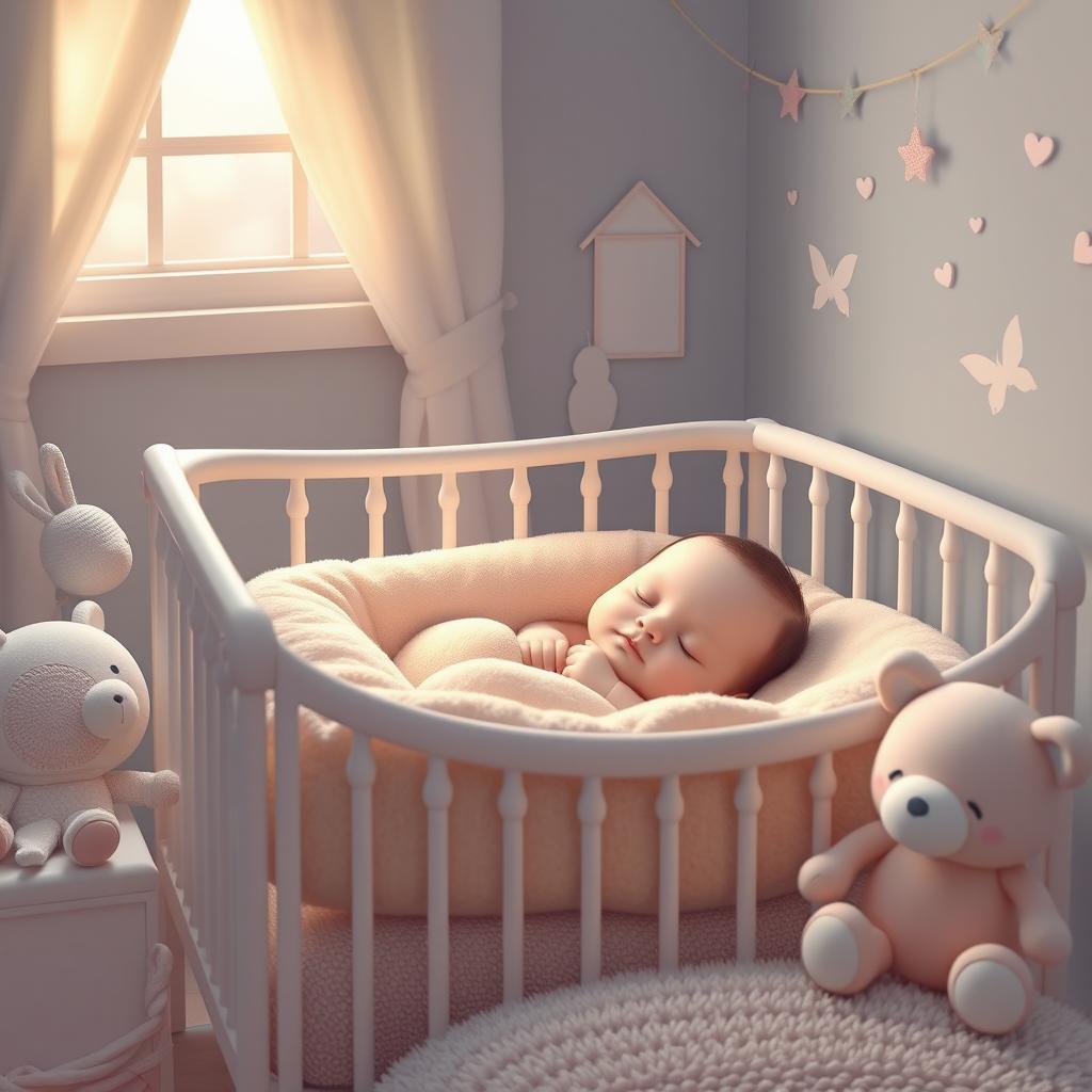 A serene and peaceful scene depicting a beautiful sleeping baby nestled comfortably in a cozy crib, surrounded by soft pastel colors