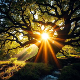 A majestic ancient tree with twisting branches and vibrant green leaves in a lush forest setting during golden hour