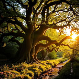 A majestic ancient tree with twisting branches and vibrant green leaves in a lush forest setting during golden hour
