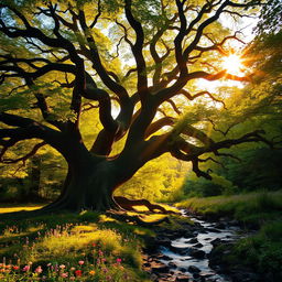 A majestic ancient tree with twisting branches and vibrant green leaves in a lush forest setting during golden hour