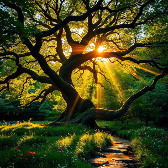 A majestic ancient tree with twisting branches and vibrant green leaves in a lush forest setting during golden hour