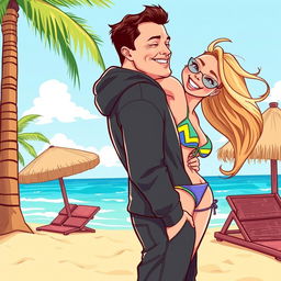 A humorous and playful illustration of a man resembling a stylized version of Elon Musk, dressed in a casual black hoodie, playfully kissing a girl's backside on a sunny beach