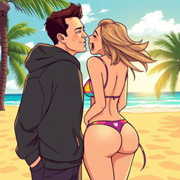 A humorous and playful illustration of a man resembling a stylized version of Elon Musk, dressed in a casual black hoodie, playfully kissing a girl's backside on a sunny beach