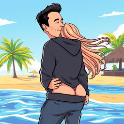 A humorous and playful illustration of a man resembling a stylized version of Elon Musk, dressed in a casual black hoodie, playfully kissing a girl's backside on a sunny beach