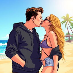 A stylized vector artwork depicting Elon Musk wearing a black hoodie, leaning in for a kiss with an attractive woman at a beach