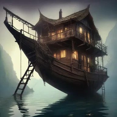 In the fantasy novel, the main character used an accommodation ladder to descend onto a mysterious and magical boat.