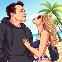 A stylized vector artwork depicting Elon Musk wearing a black hoodie, leaning in for a kiss with an attractive woman at a beach