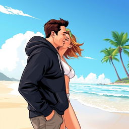 A stylized vector artwork depicting Elon Musk wearing a black hoodie, leaning in for a kiss with an attractive woman at a beach
