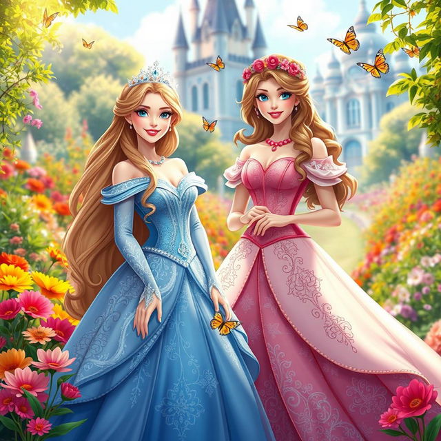 Two beautiful princesses standing in a lush garden filled with colorful flowers and vibrant greenery