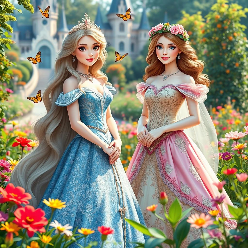 Two beautiful princesses standing in a lush garden filled with colorful flowers and vibrant greenery