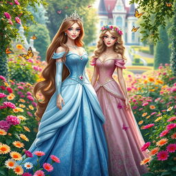 Two beautiful princesses standing in a lush garden filled with colorful flowers and vibrant greenery