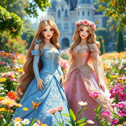 Two beautiful princesses standing in a lush garden filled with colorful flowers and vibrant greenery