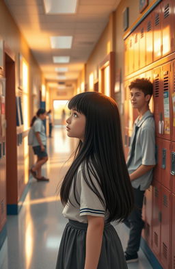 A young high school girl gazing dreamily at her older classmate from across the hallway filled with lockers and posters