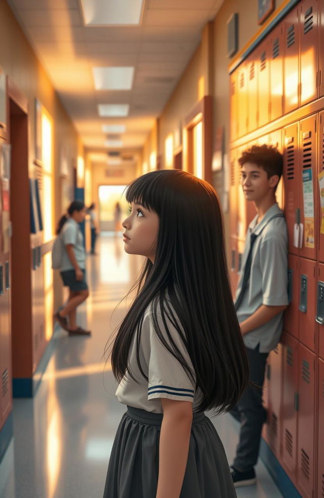 A young high school girl gazing dreamily at her older classmate from across the hallway filled with lockers and posters