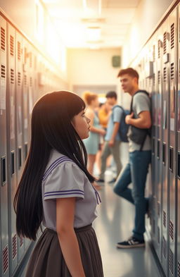 A young high school girl gazing dreamily at her older classmate from across the hallway filled with lockers and posters