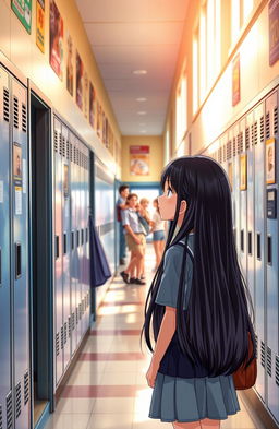 A young high school girl gazing dreamily at her older classmate from across the hallway filled with lockers and posters